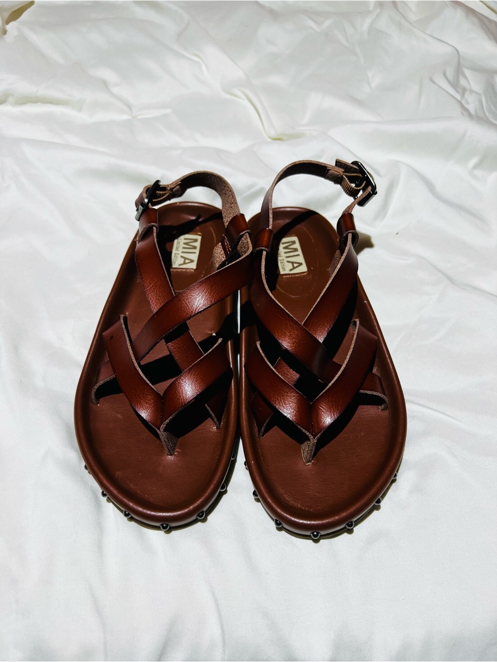 MIA women’s Brown Leather Crossover Strap Sandals